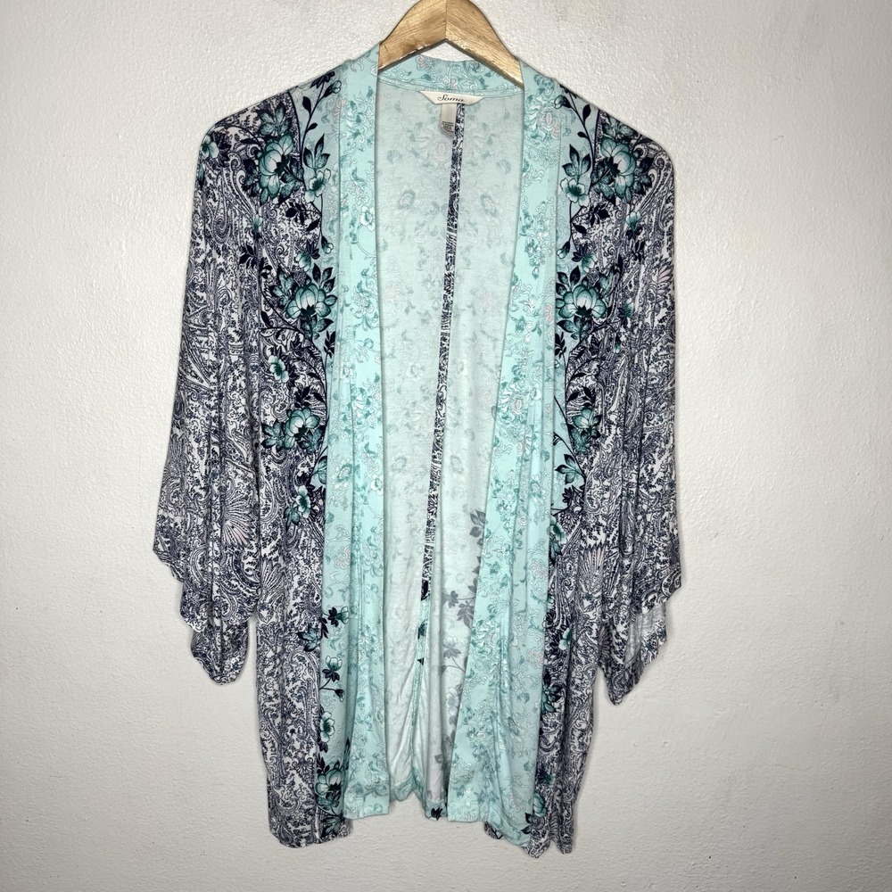 Soma Short Kimono Robe Women's Medium Blue Floral Open Front Rayon Cardigan